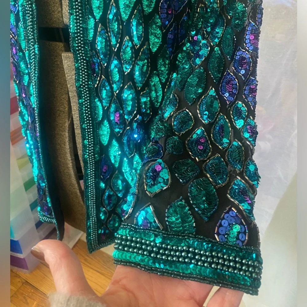 Vintage 80s Oleg Cassini Black Tie Black Silk Jacket Designer Turquoise Purple M - Picture 4 of 8